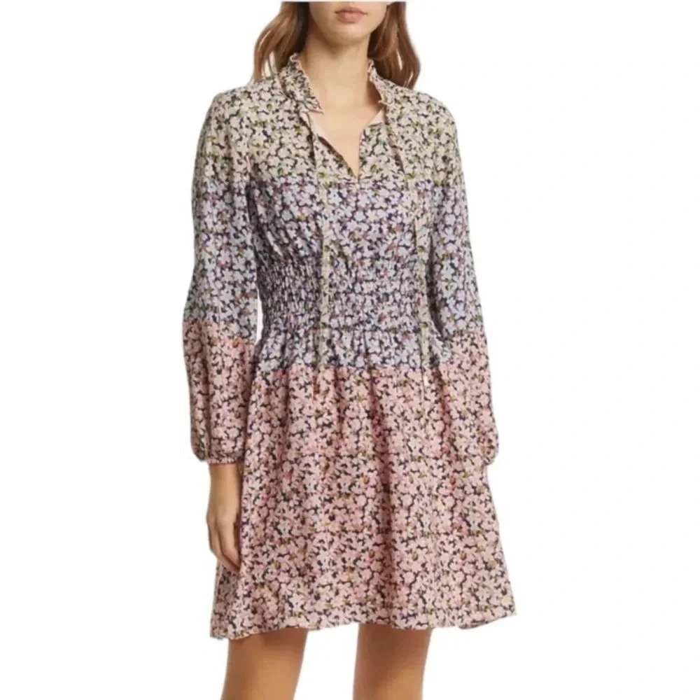 Vince Camuto Floral Smocked Waist Long Sleeve Mini 
Dress Pink Blue Size 6 NWT